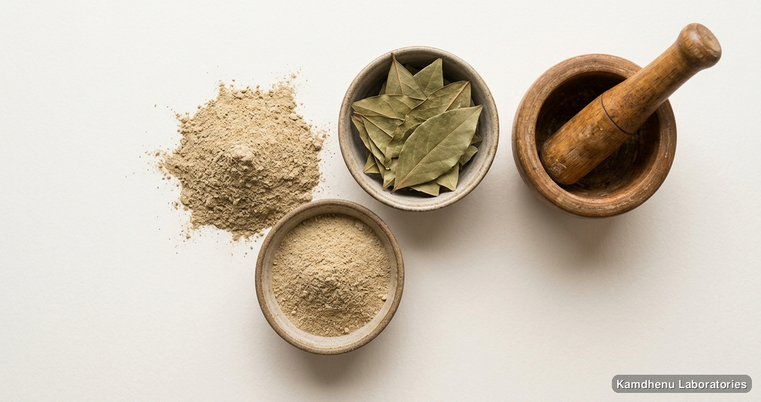 Babool Phali Powder (Acacia arabica) — Ayurvedic powder. Clean product photograph on a soft light background.
