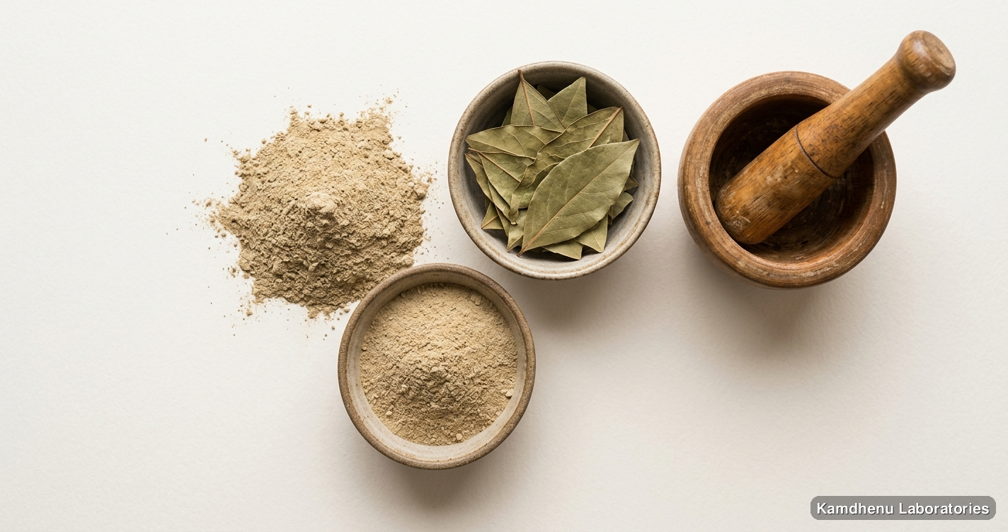 Babool Phali Powder (Acacia arabica) — Ayurvedic powder. Clean product photograph on a soft light background.