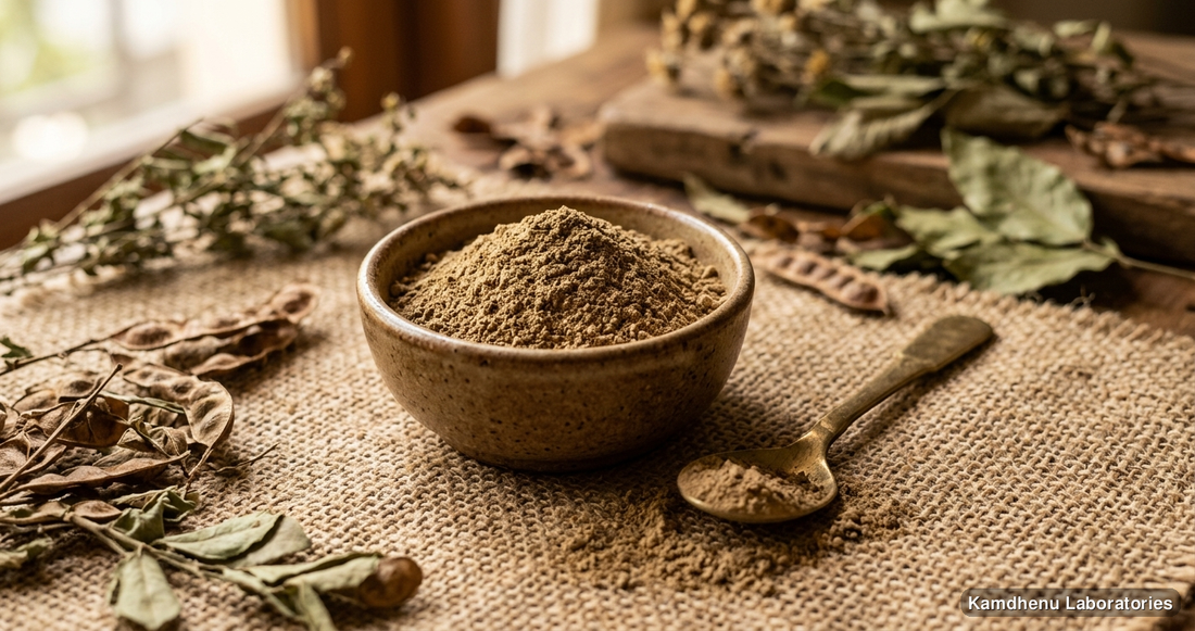 Ayurvedic powder — Babool Phali Powder (Acacia arabica), photographed in a wellness setting