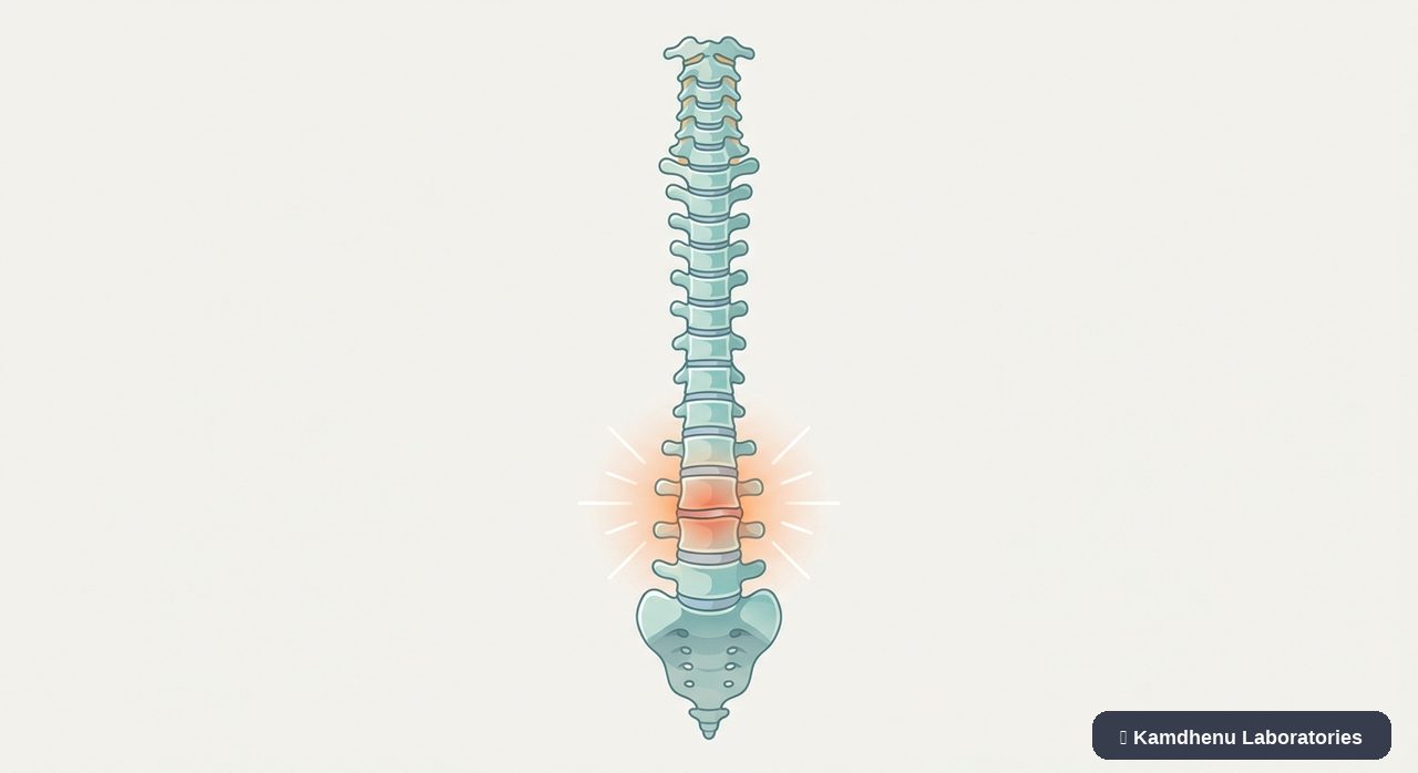 Editorial illustration representing Back pain for the Kamdhenu Laboratories educational wellness blog.