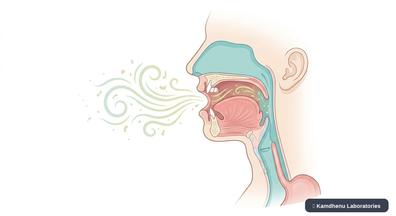 Editorial illustration representing Bad breath (Halitosis) for the Kamdhenu Laboratories educational wellness blog.