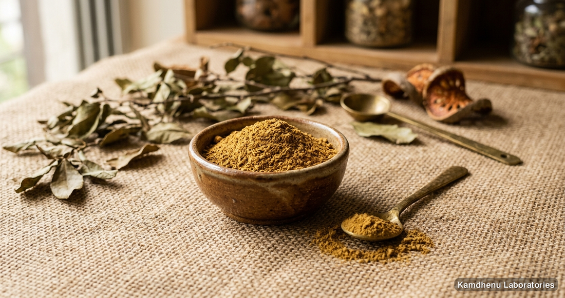 Ayurvedic powder — Baelgiri Powder, photographed in a wellness setting