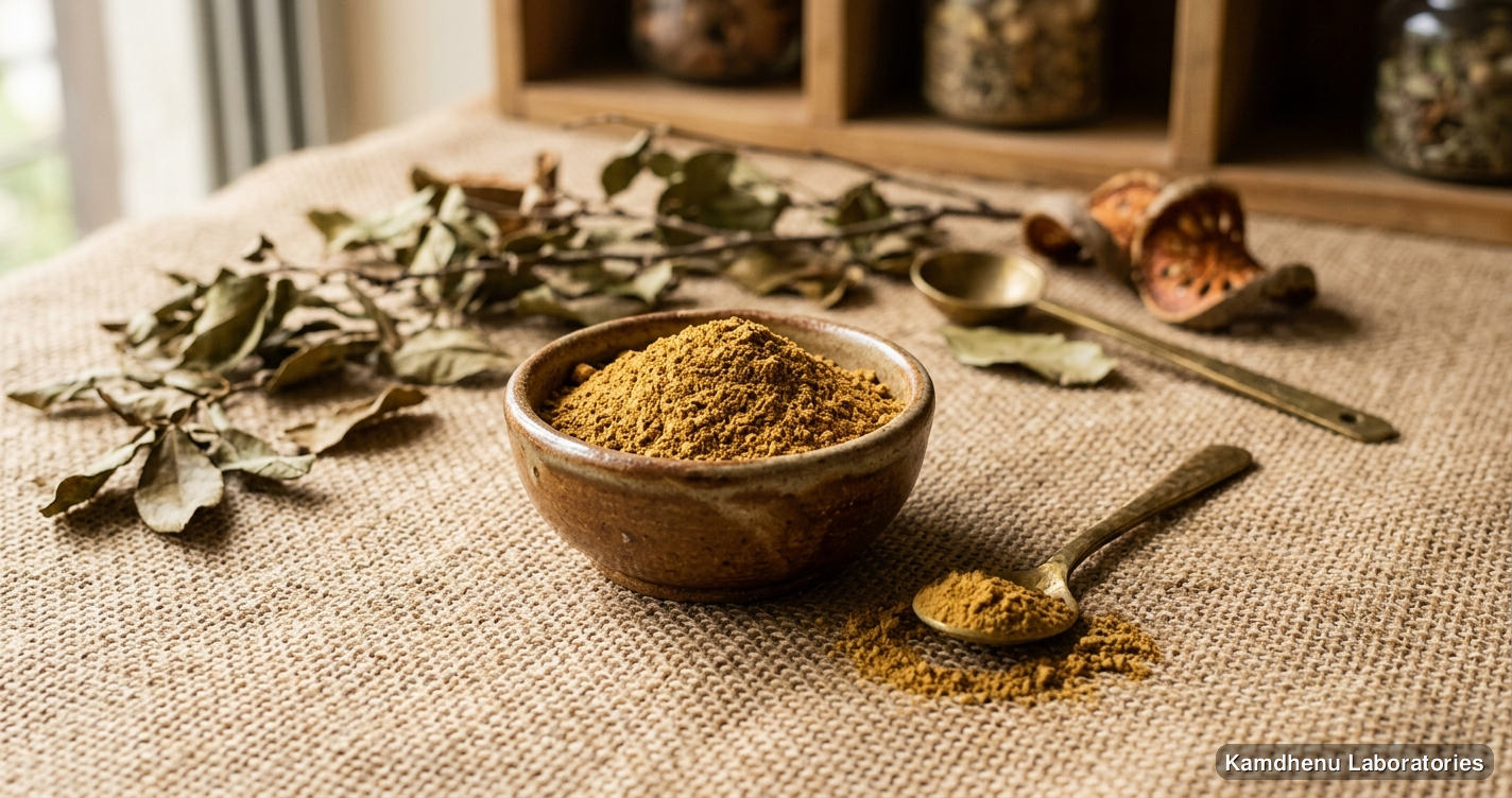Ayurvedic powder — Baelgiri Powder, photographed in a wellness setting