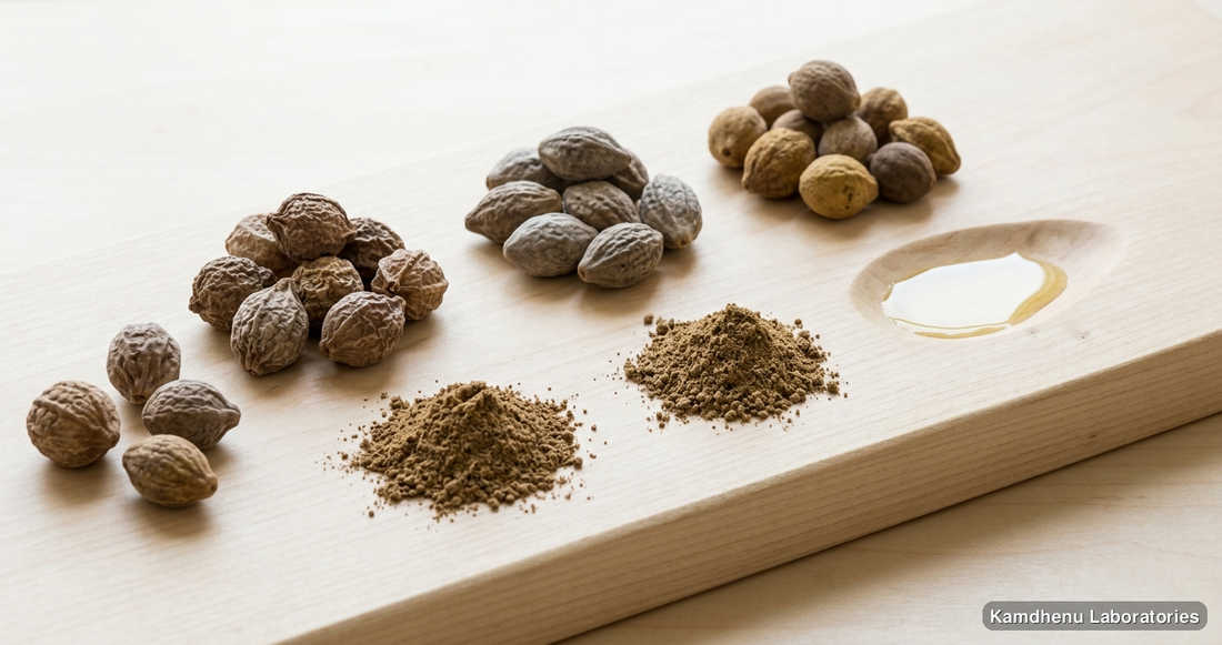 Baheda Powder — Ayurvedic powder containing triphala. Clean product photograph on a soft light background.
