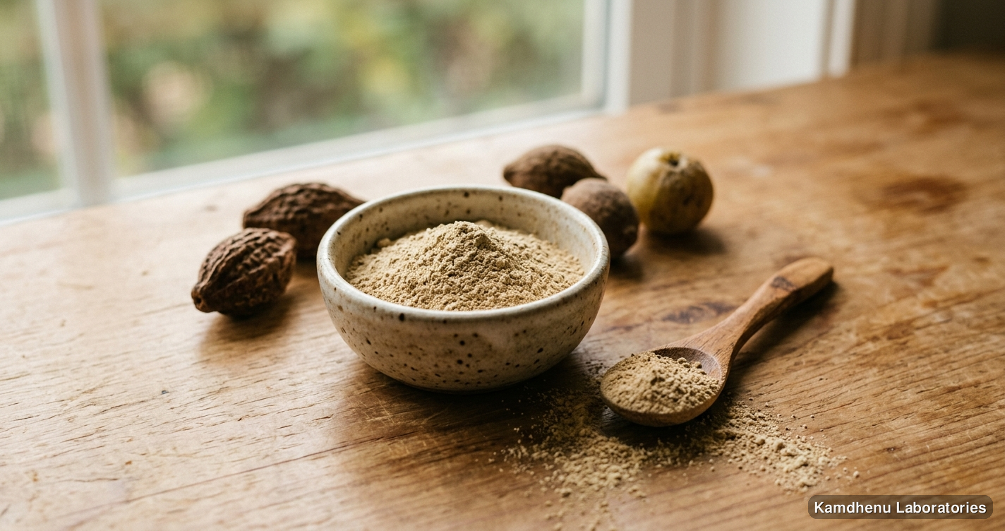 Ayurvedic powder — Baheda Powder featuring triphala, photographed in a wellness setting