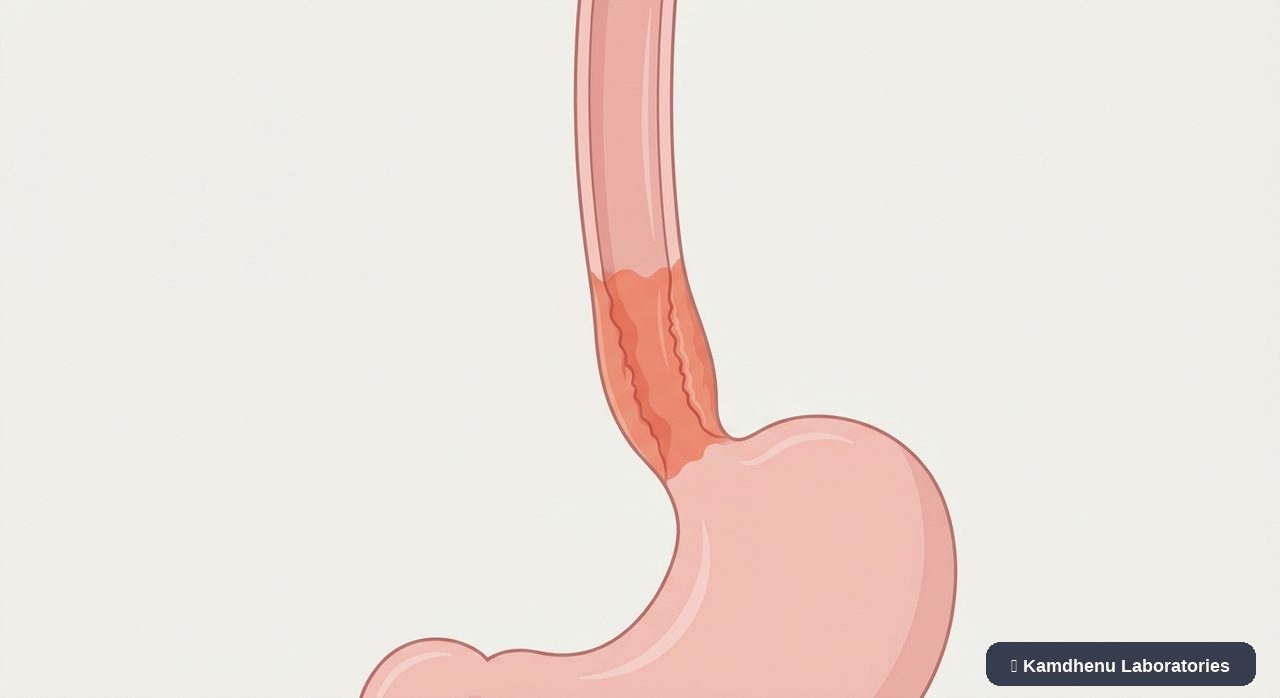 Editorial illustration representing Barrett's oesophagus for the Kamdhenu Laboratories educational wellness blog.
