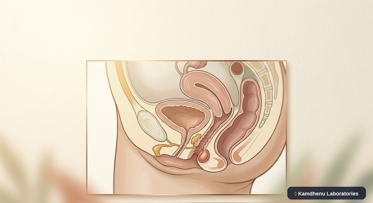 Editorial illustration representing Bartholin cyst for the Kamdhenu Laboratories educational wellness blog.
