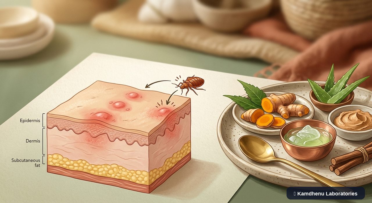 Editorial illustration representing Bedbug bites for the Kamdhenu Laboratories educational wellness blog.