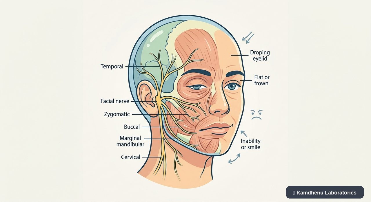 Editorial illustration representing Bell's palsy for the Kamdhenu Laboratories educational wellness blog.