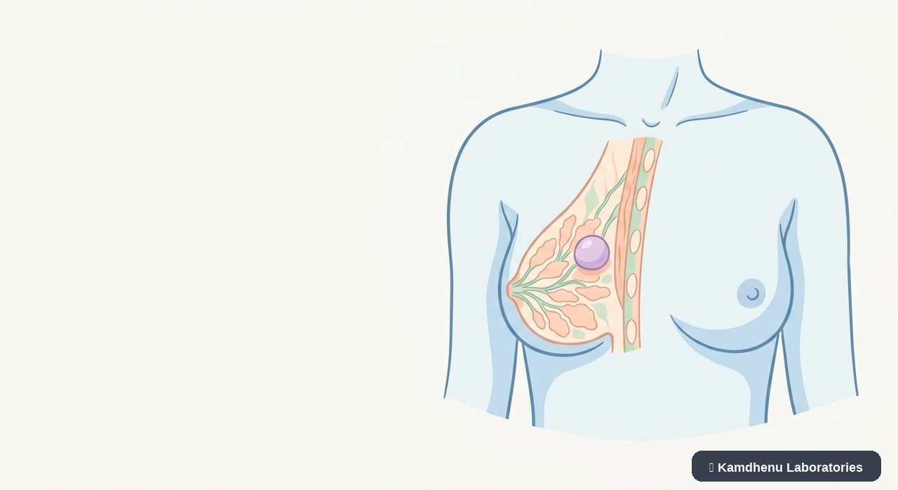 Editorial illustration representing Benign breast lump for the Kamdhenu Laboratories educational wellness blog.