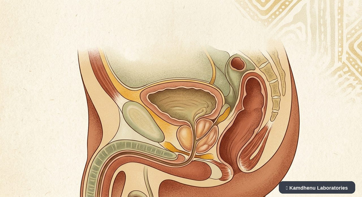 Editorial illustration representing Benign prostate enlargement (BPH) for the Kamdhenu Laboratories educational wellness blog.