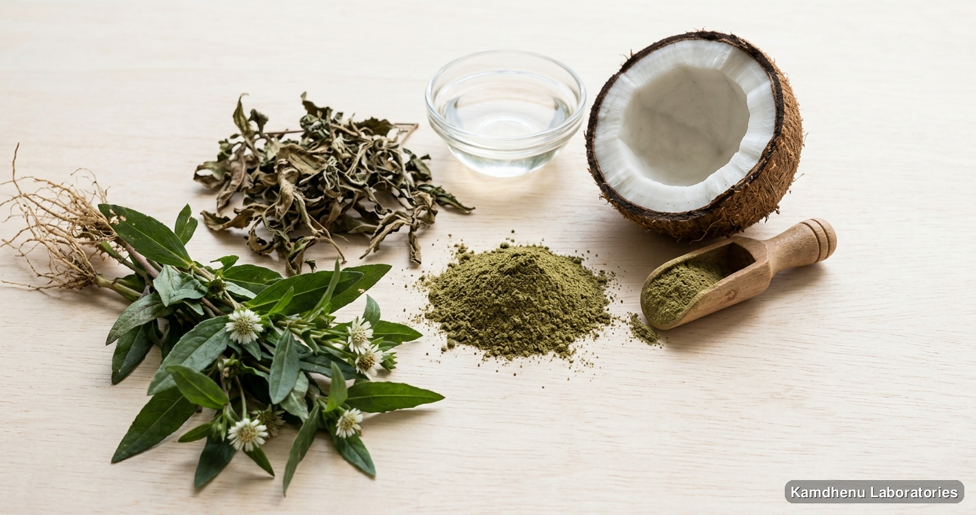 Bhangra Powder — Ayurvedic powder containing bhringraj, bhangra, coconut. Clean product photograph on a soft light background.