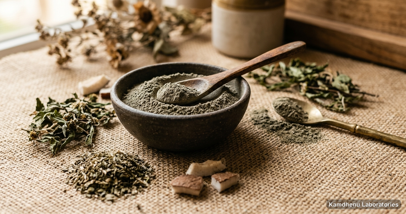 Ayurvedic powder — Bhangra Powder featuring bhringraj, bhangra, coconut, photographed in a wellness setting