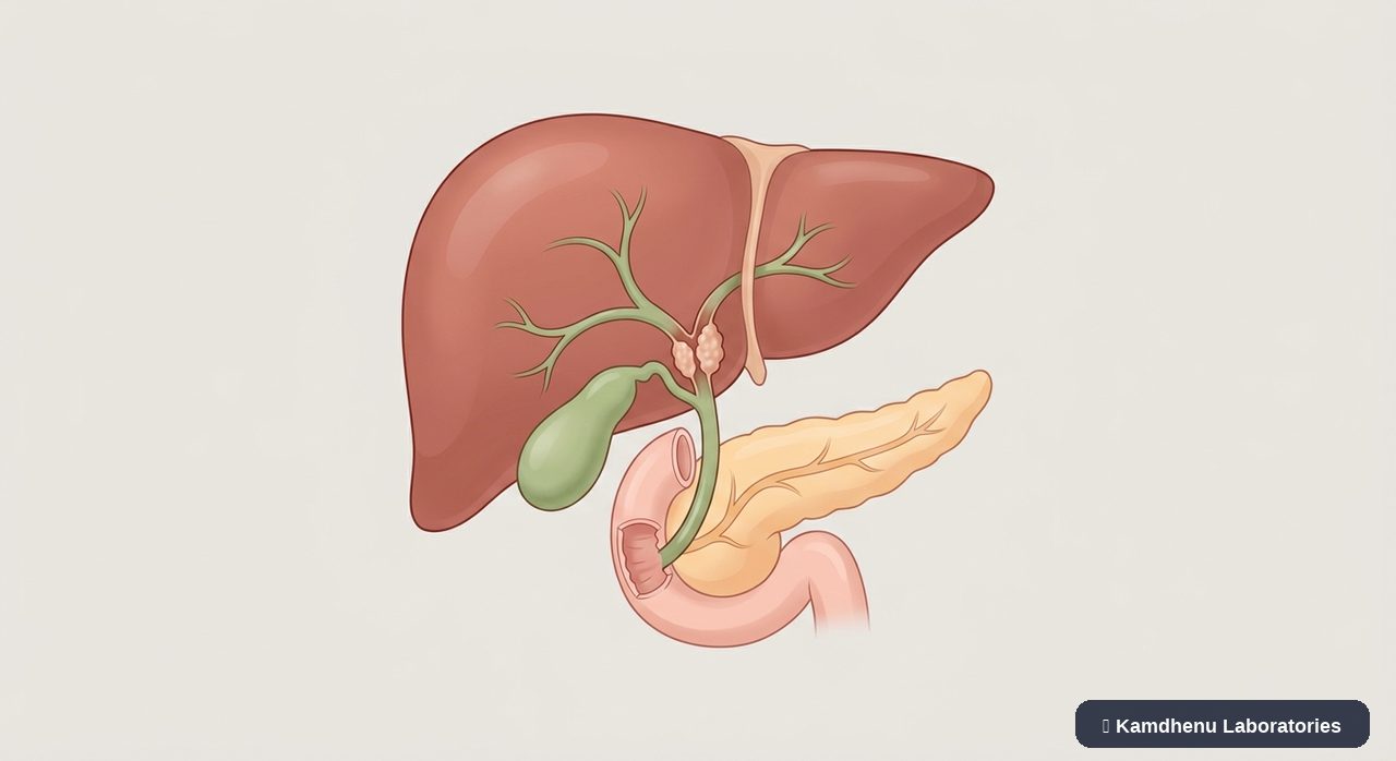 Editorial illustration representing Bile duct cancer (Cholangiocarcinoma) for the Kamdhenu Laboratories educational wellness blog.