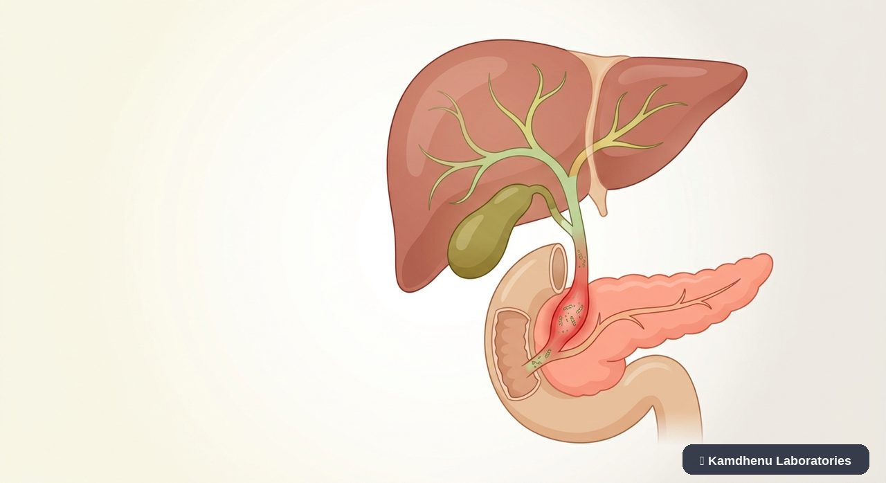 Editorial illustration representing Bile duct infection (Cholangitis) for the Kamdhenu Laboratories educational wellness blog.
