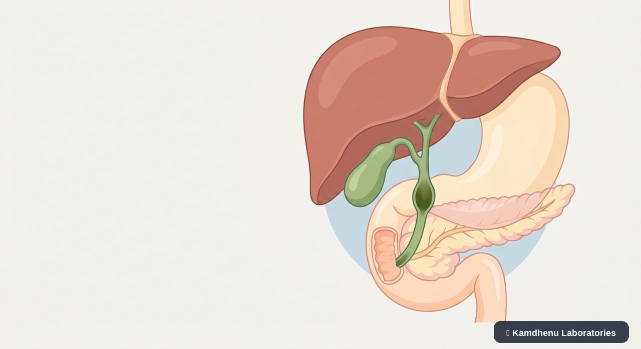 Editorial illustration representing Bile duct obstruction for the Kamdhenu Laboratories educational wellness blog.
