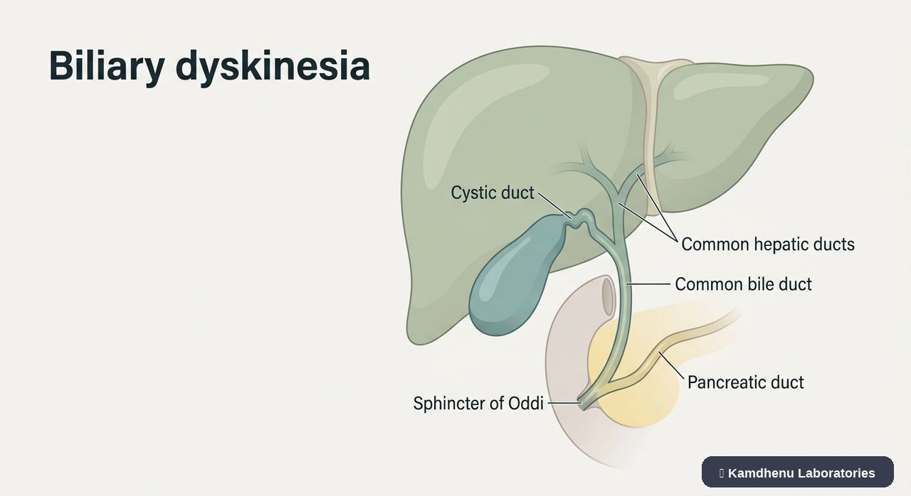 Editorial illustration representing Biliary dyskinesia for the Kamdhenu Laboratories educational wellness blog.