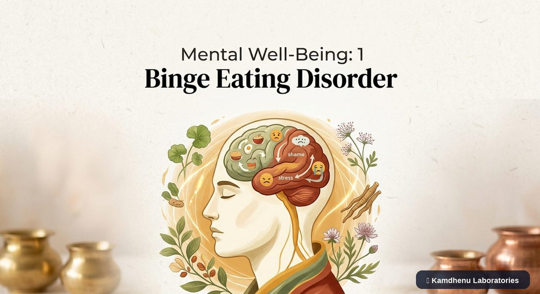 Editorial illustration representing Binge eating disorder for the Kamdhenu Laboratories educational wellness blog.