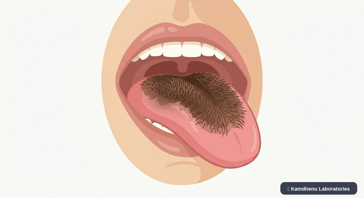 Editorial illustration representing Black hairy tongue for the Kamdhenu Laboratories educational wellness blog.