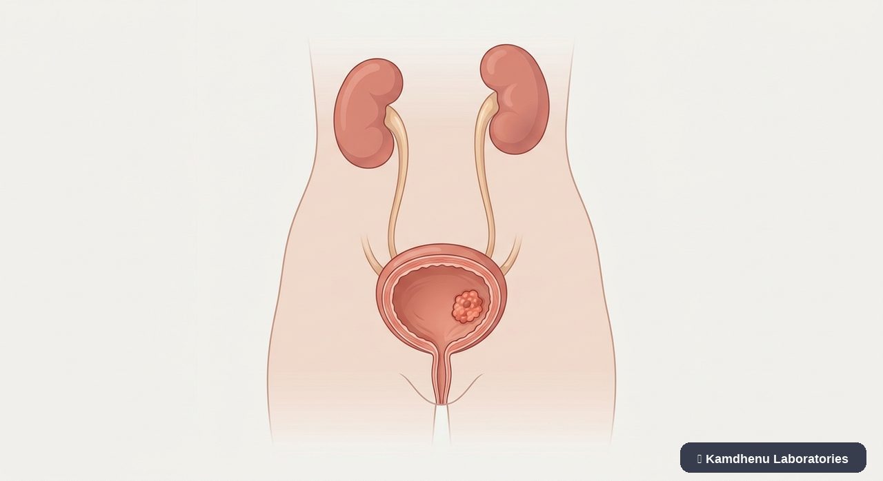 Editorial illustration representing Bladder cancer for the Kamdhenu Laboratories educational wellness blog.