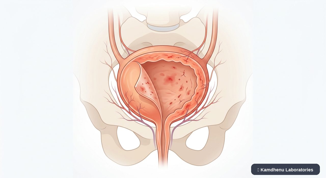 Editorial illustration representing Bladder pain syndrome (Interstitial cystitis) for the Kamdhenu Laboratories educational wellness blog.