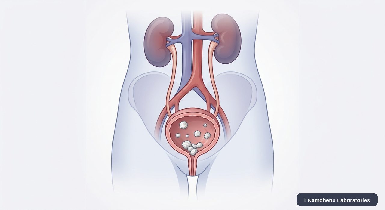 Editorial illustration representing Bladder stones for the Kamdhenu Laboratories educational wellness blog.