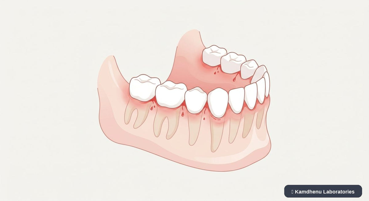 Editorial illustration representing Bleeding gums for the Kamdhenu Laboratories educational wellness blog.
