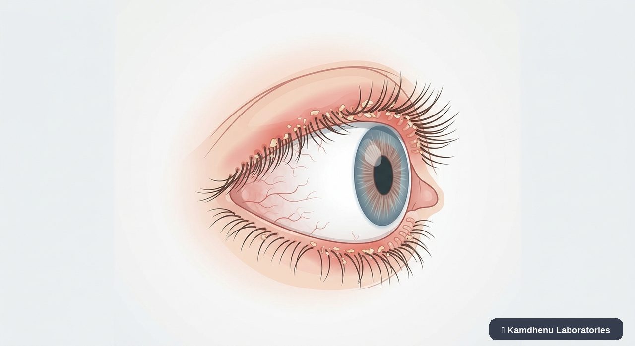 Editorial illustration representing Blepharitis for the Kamdhenu Laboratories educational wellness blog.
