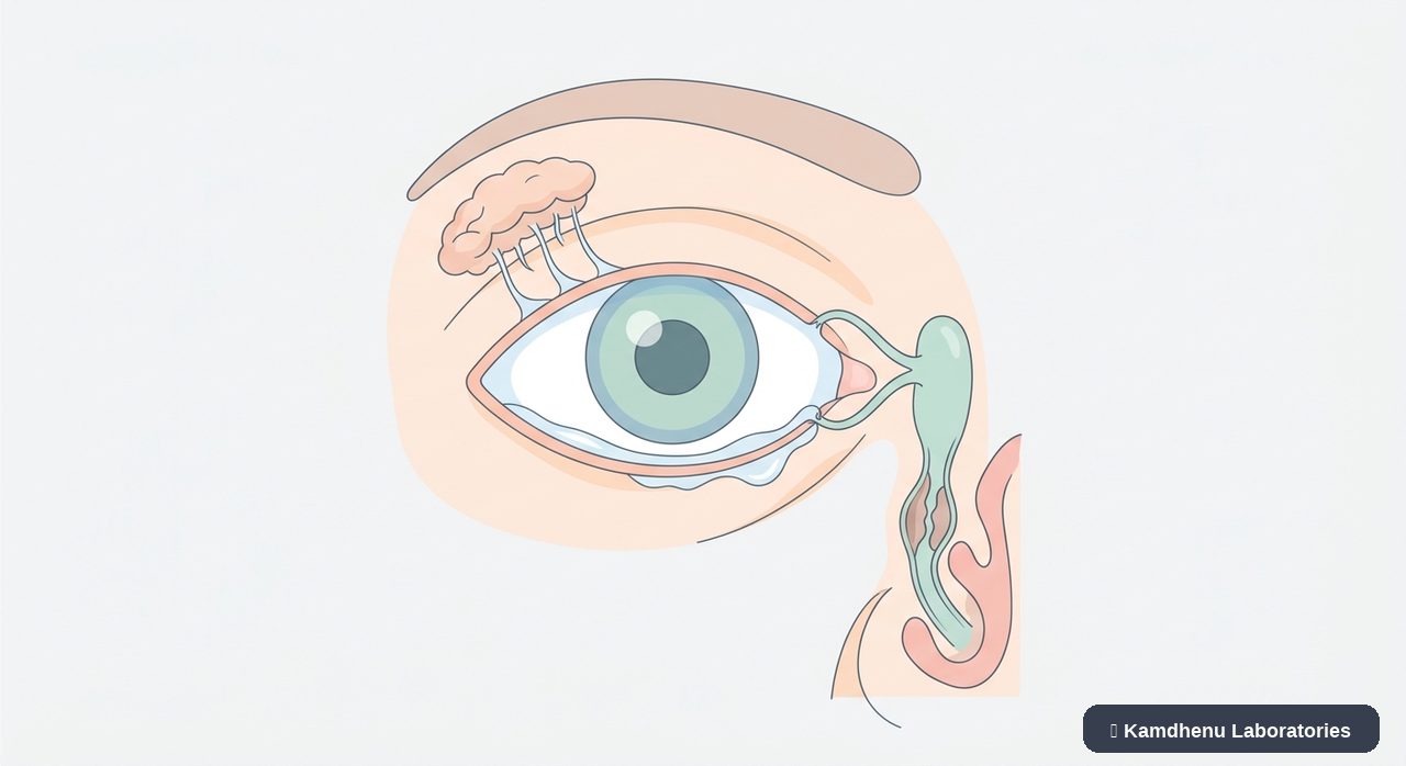 Editorial illustration representing Blocked tear duct for the Kamdhenu Laboratories educational wellness blog.