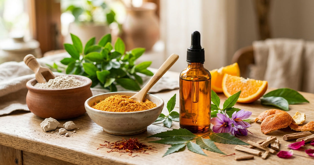 Skin glowing scrub kit with Santra Chilka powder, Kumkumadi oil and Kaolin clay for facial care