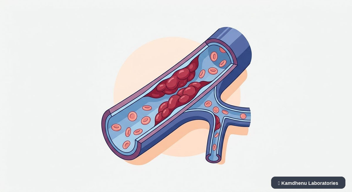 Editorial illustration representing Blood clots (Thrombosis) for the Kamdhenu Laboratories educational wellness blog.