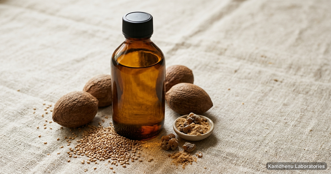 Ayurvedic oil — Body Massage Oil | 200 ml featuring til, coconut, hing, photographed in a wellness setting