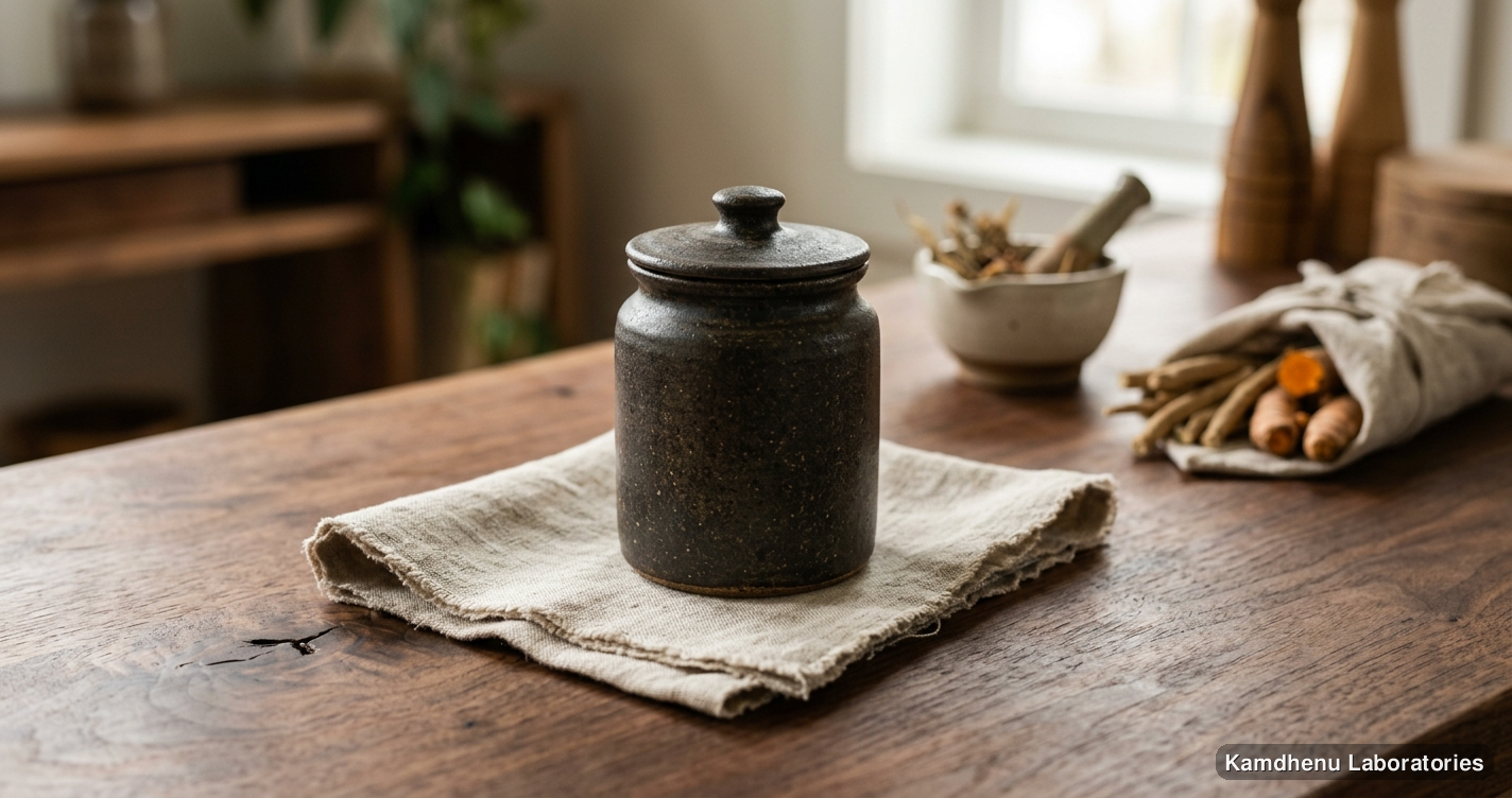 Ayurvedic product — Body Pain Relief Kit, photographed in a wellness setting