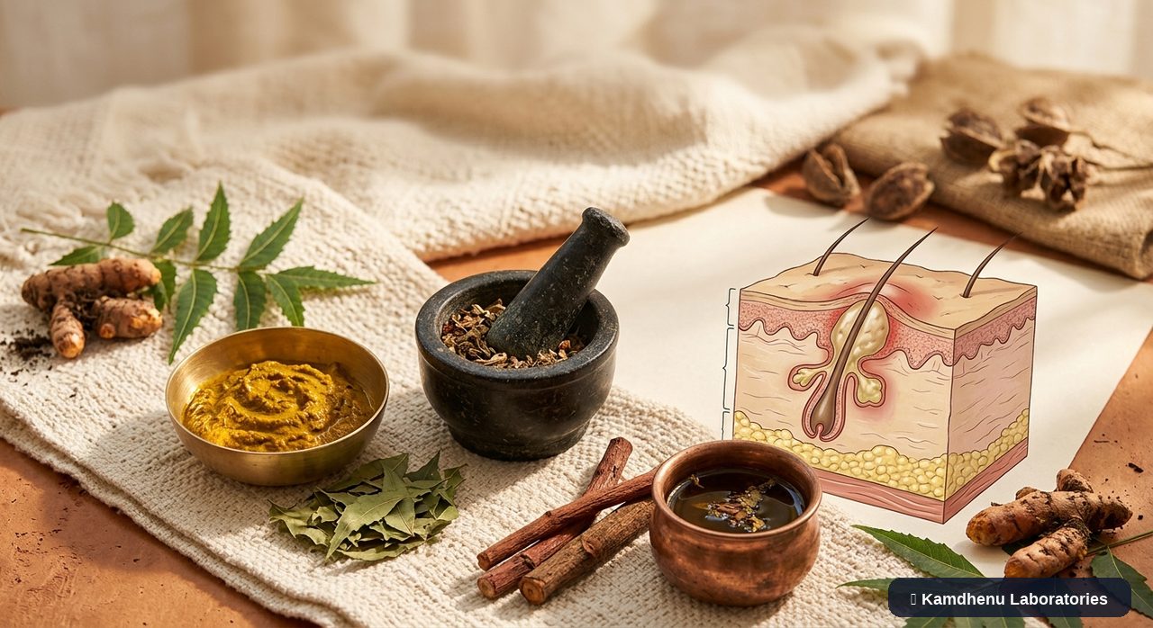 Editorial illustration representing Boils and carbuncles for the Kamdhenu Laboratories educational wellness blog.