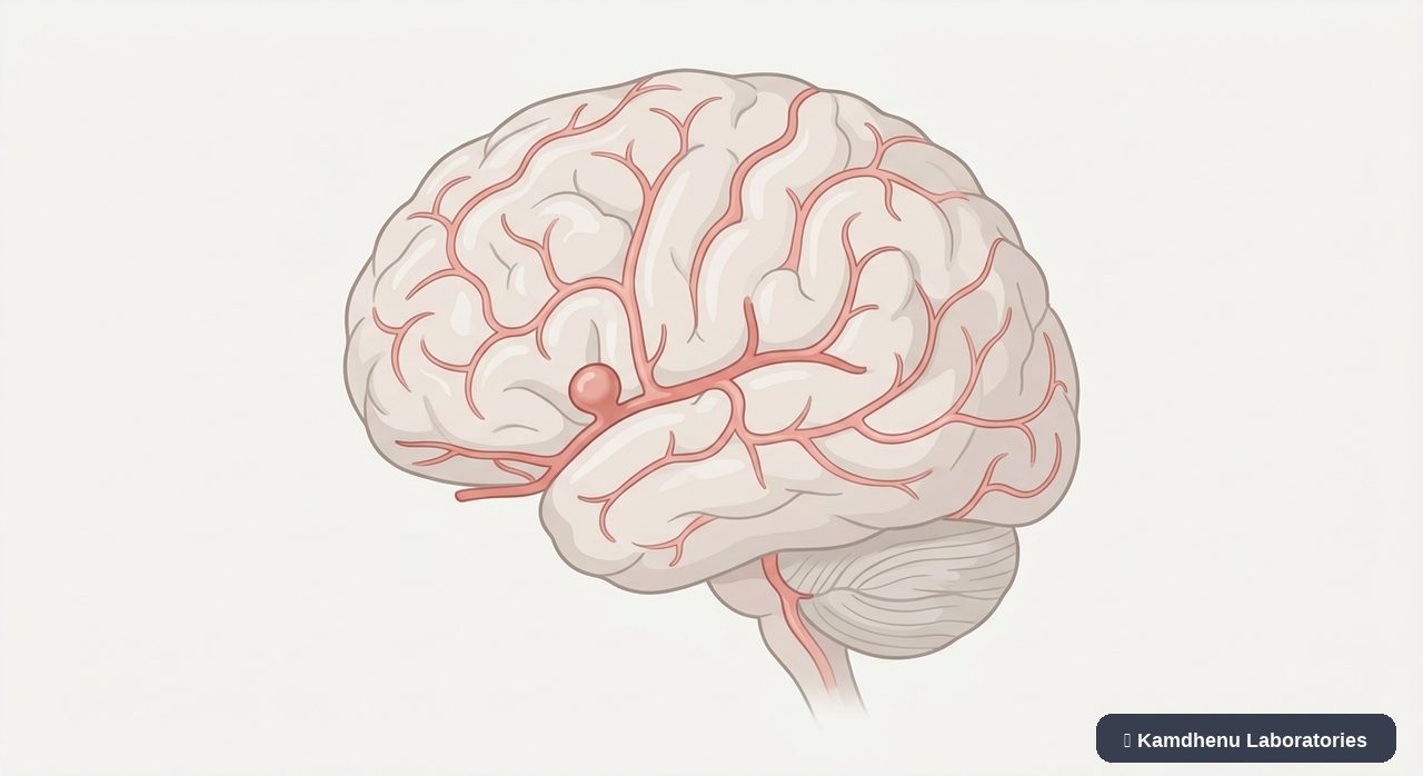 Editorial illustration representing Brain aneurysm for the Kamdhenu Laboratories educational wellness blog.