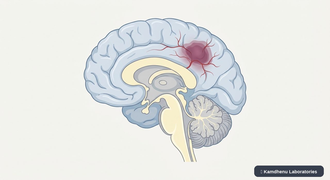 Editorial illustration representing Brain haemorrhage for the Kamdhenu Laboratories educational wellness blog.