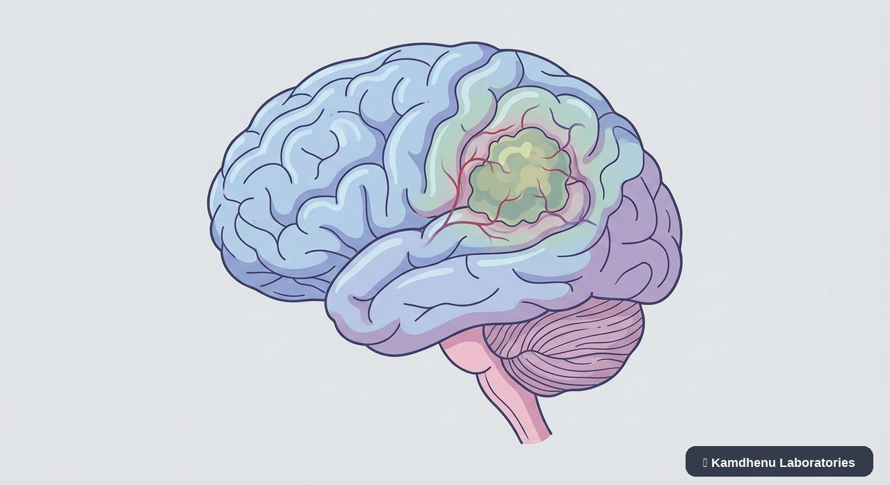 Editorial illustration representing Brain tumour for the Kamdhenu Laboratories educational wellness blog.