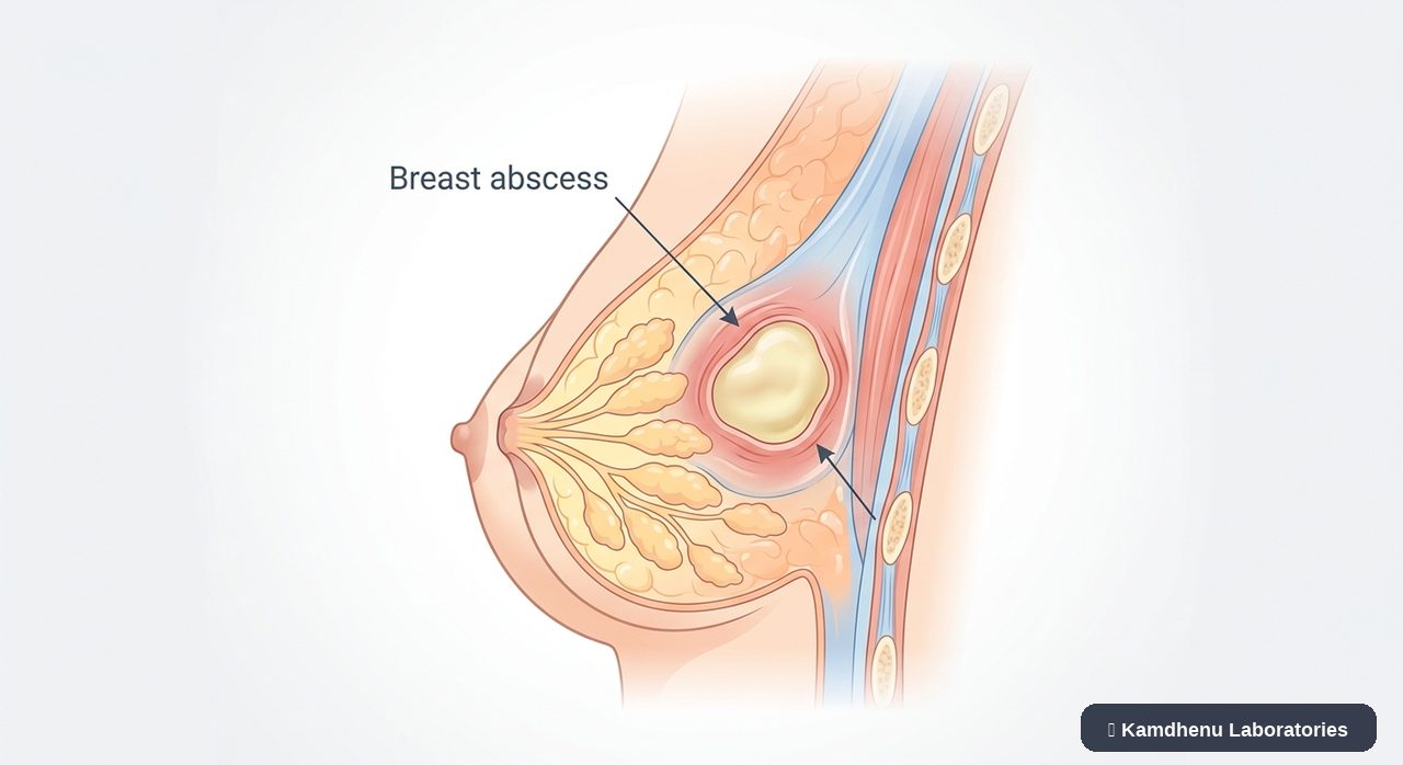 Editorial illustration representing Breast abscess for the Kamdhenu Laboratories educational wellness blog.