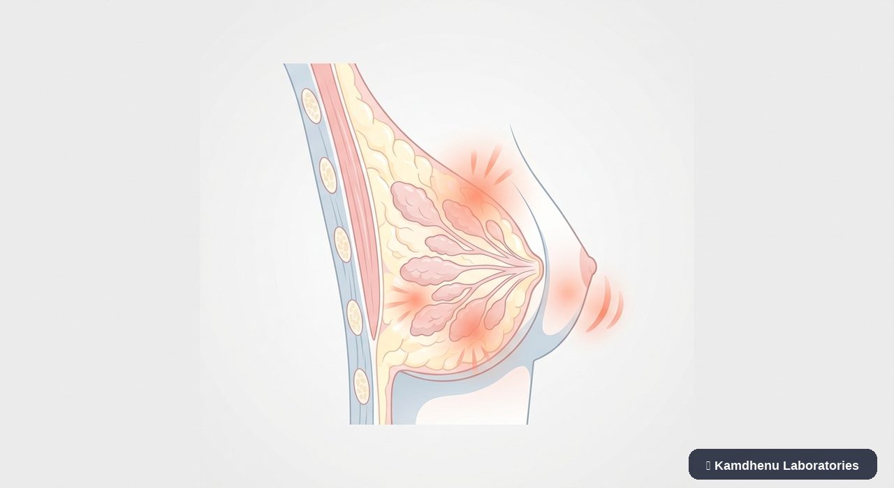 Editorial illustration representing Breast pain (Mastalgia) for the Kamdhenu Laboratories educational wellness blog.