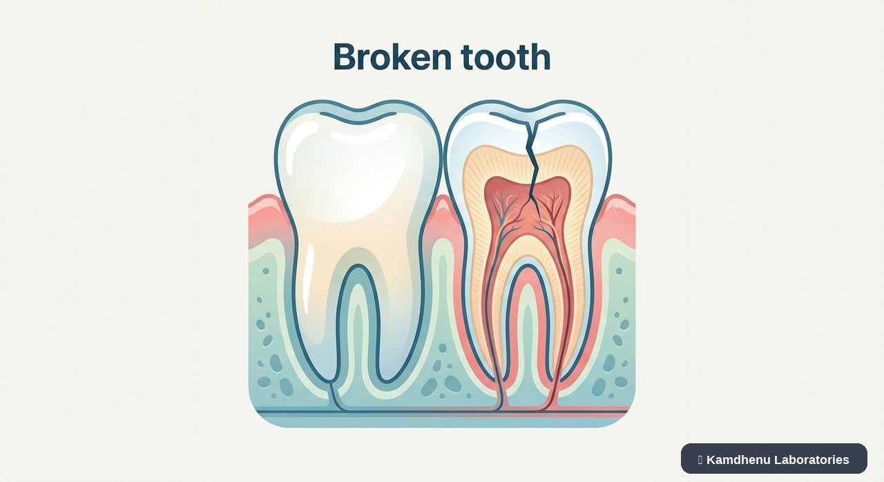 Editorial illustration representing Broken tooth for the Kamdhenu Laboratories educational wellness blog.