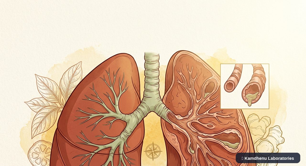 Editorial illustration representing Bronchiectasis for the Kamdhenu Laboratories educational wellness blog.