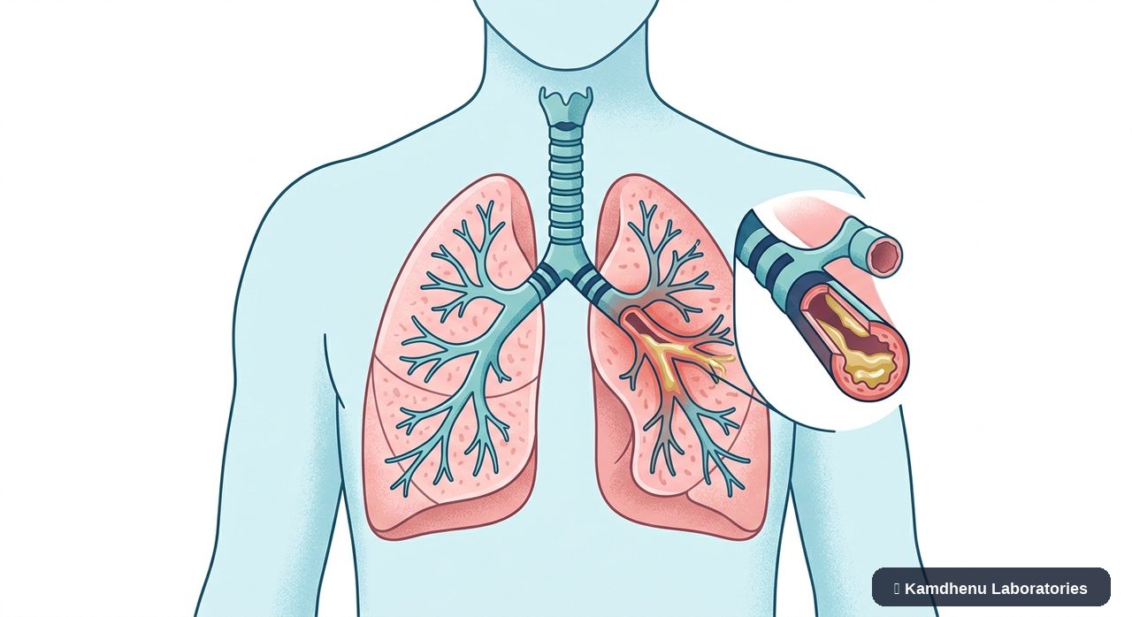 Editorial illustration representing Bronchitis for the Kamdhenu Laboratories educational wellness blog.