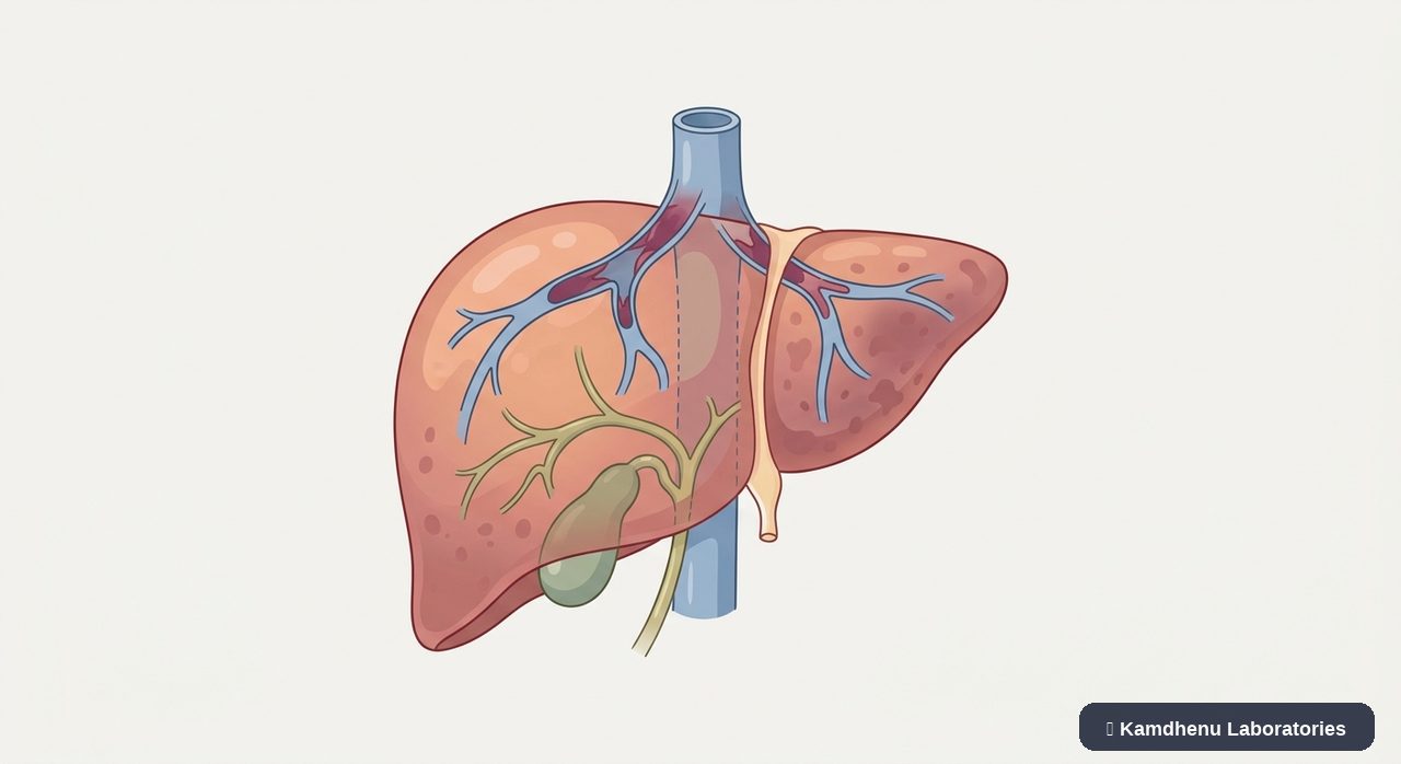 Editorial illustration representing Budd-Chiari syndrome for the Kamdhenu Laboratories educational wellness blog.