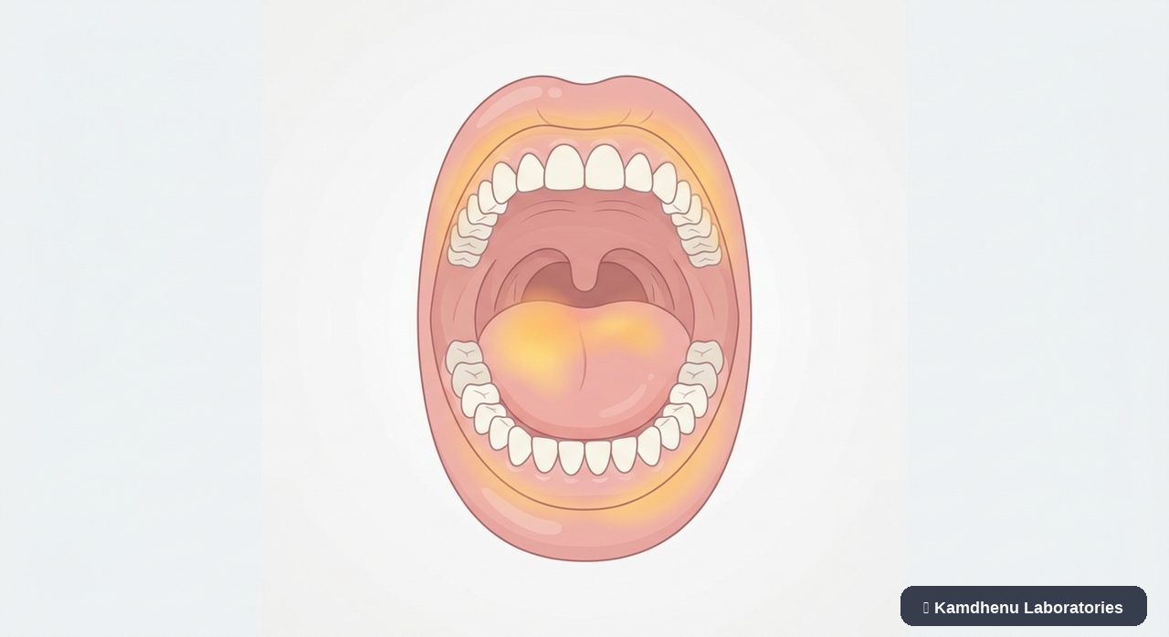 Editorial illustration representing Burning mouth syndrome for the Kamdhenu Laboratories educational wellness blog.