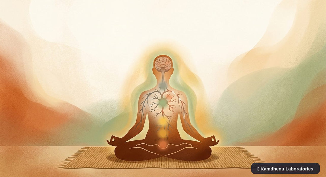 Editorial illustration representing Burnout syndrome for the Kamdhenu Laboratories educational wellness blog.