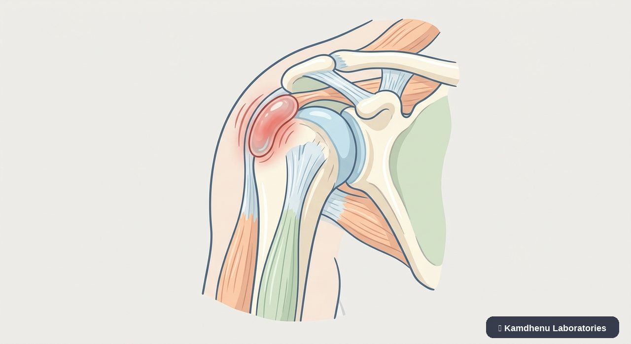Editorial illustration representing Bursitis for the Kamdhenu Laboratories educational wellness blog.