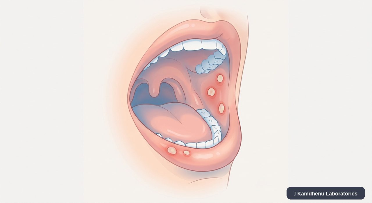 Editorial illustration representing Canker sores for the Kamdhenu Laboratories educational wellness blog.
