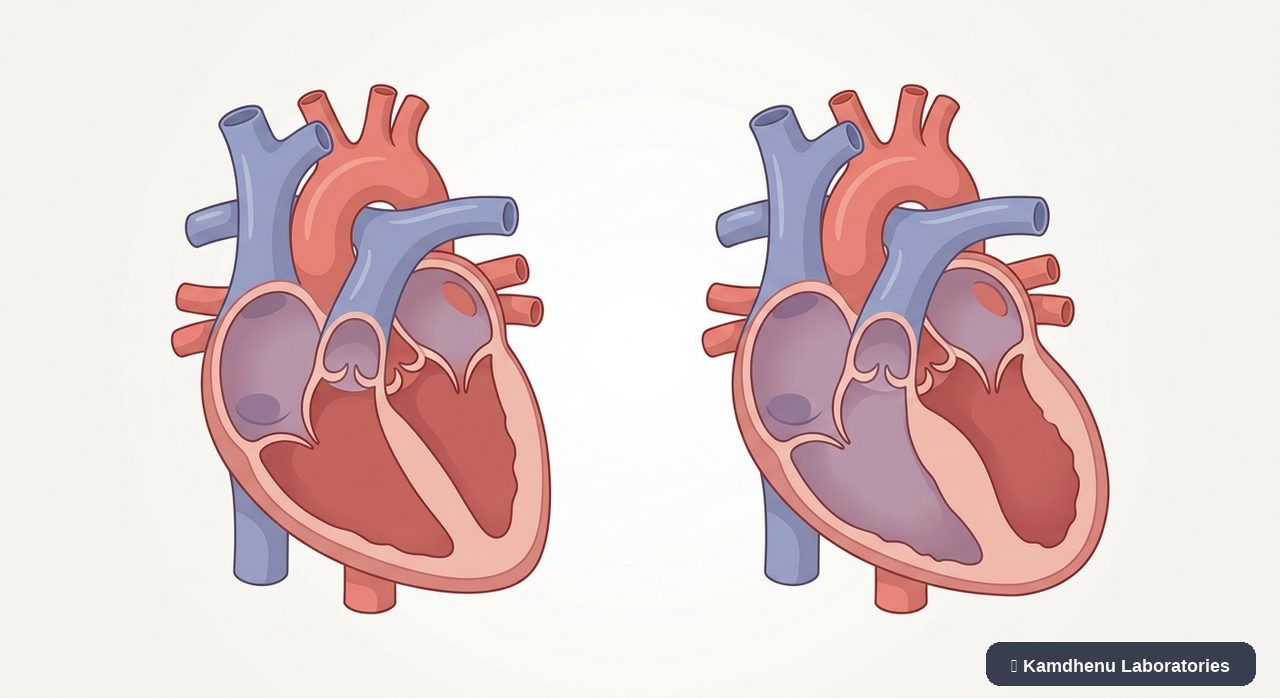 Editorial illustration representing Cardiomyopathy for the Kamdhenu Laboratories educational wellness blog.