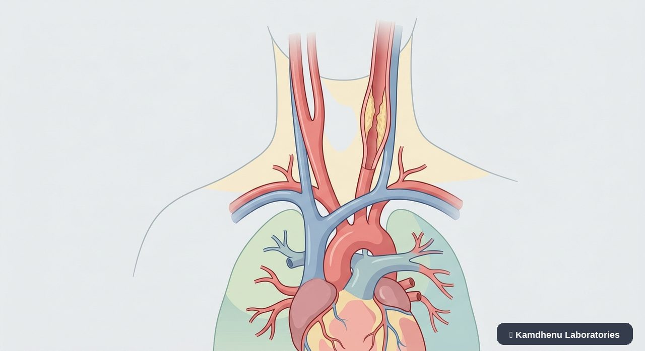 Editorial illustration representing Carotid artery disease for the Kamdhenu Laboratories educational wellness blog.