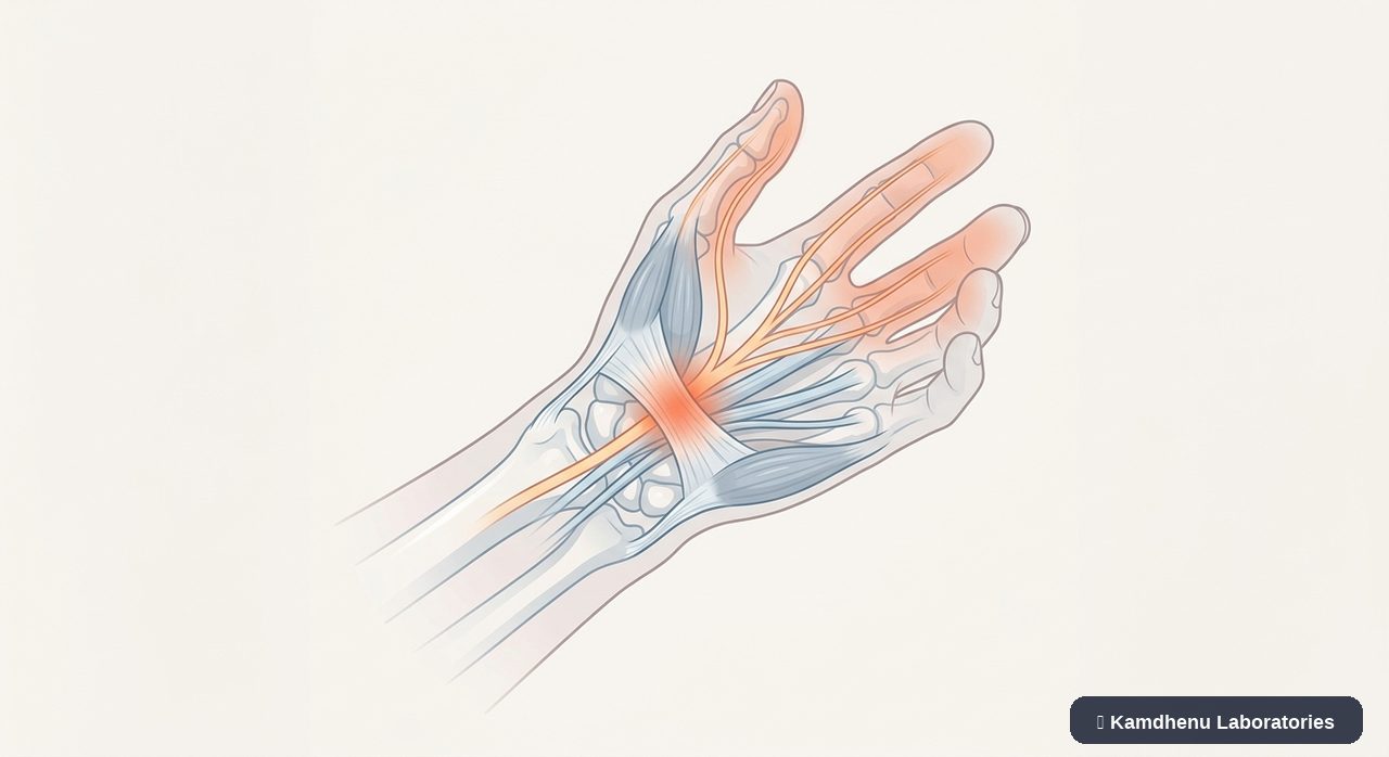Editorial illustration representing Carpal tunnel syndrome for the Kamdhenu Laboratories educational wellness blog.